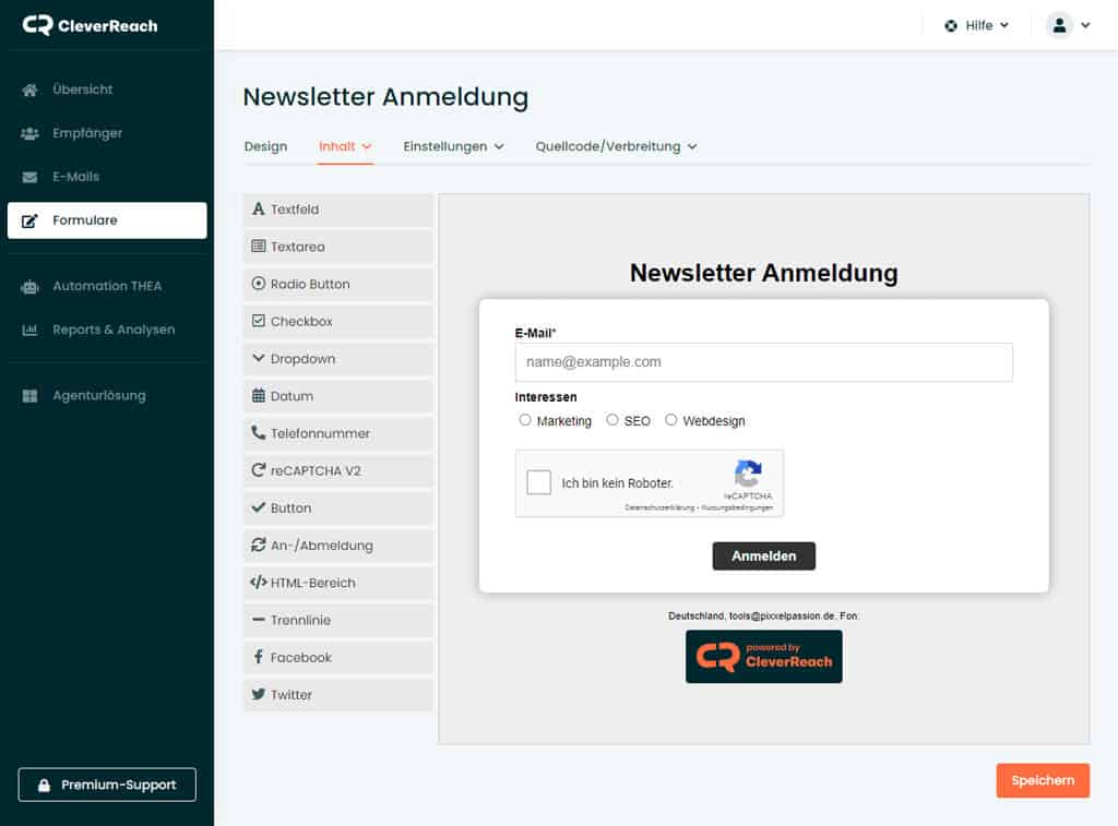 Der Formular Editor von Cleverreach