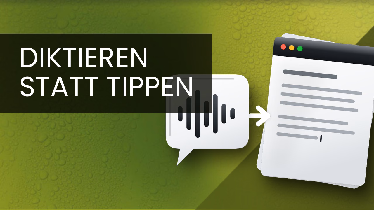 Illustration: Eine Sprechblase mit Tonwelle wird zu einer geschriebenen E-Mail, daneben der Schriftzug Diktieren statt tippen