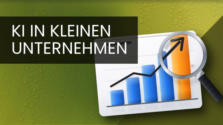 Illustration: Balkendiagramm mit steigenden Balken und Trendpfeil unter einer Lupe, daneben der Schriftzug KI in kleinen Unternehmen